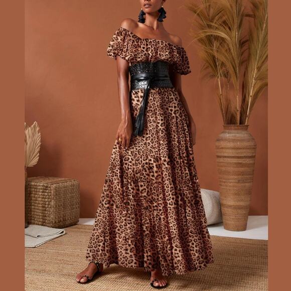 ERIKA PENA Rita Bohemian Maxi leopard tiered ruffle off shoulder dress Sz XS NEW - Picture 4 of 9